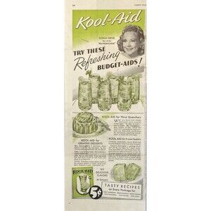 Kool-Aid Try these New Budget Aids Sonja Henie "Hollywood Ice Review" Ad 1950's